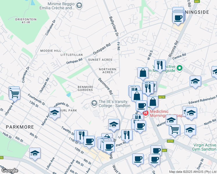 map of restaurants, bars, coffee shops, grocery stores, and more near Benmore Road in Sandton
