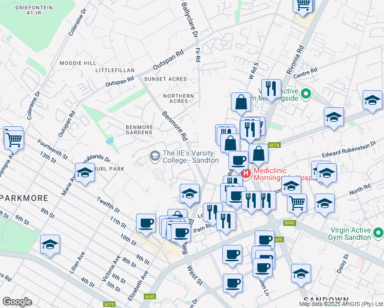 map of restaurants, bars, coffee shops, grocery stores, and more near Benmore Road in Sandton