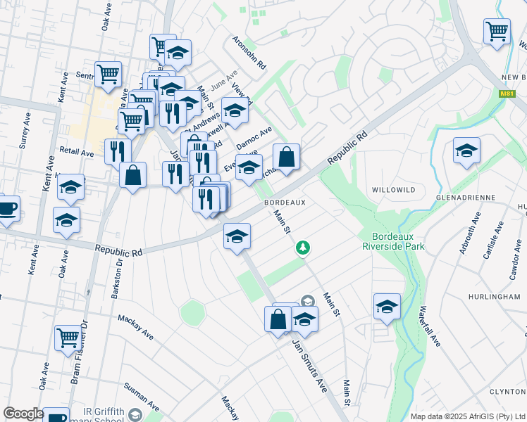 map of restaurants, bars, coffee shops, grocery stores, and more near 23 Republic Road in Randburg