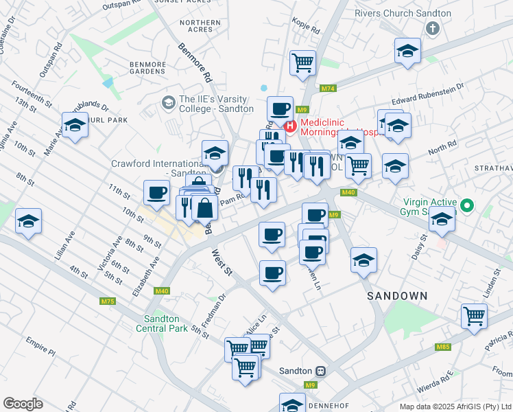 map of restaurants, bars, coffee shops, grocery stores, and more near 3 Stan Road in Sandton