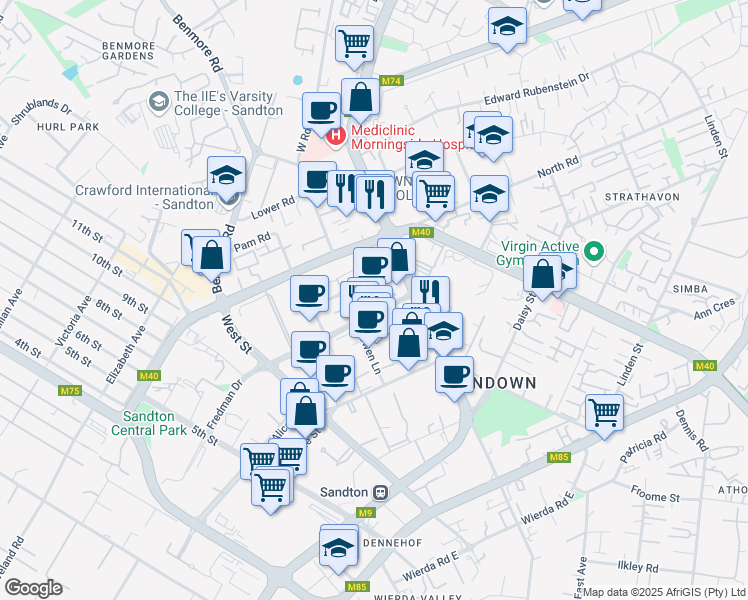 map of restaurants, bars, coffee shops, grocery stores, and more near 1 Fredman Drive in Sandton