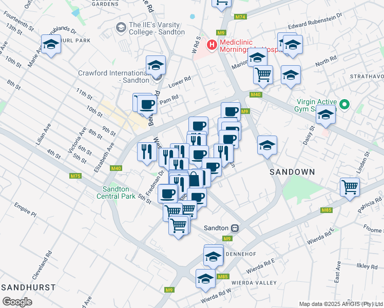 map of restaurants, bars, coffee shops, grocery stores, and more near 1 Fredman Drive in Sandton
