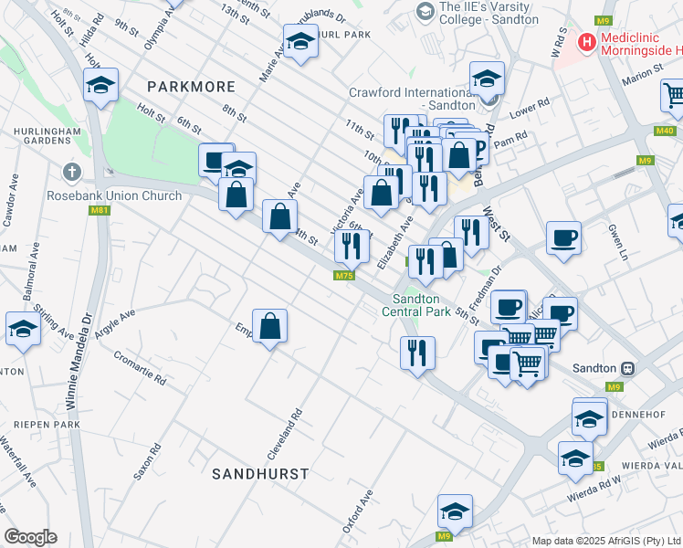 map of restaurants, bars, coffee shops, grocery stores, and more near Sandton Drive in Sandton