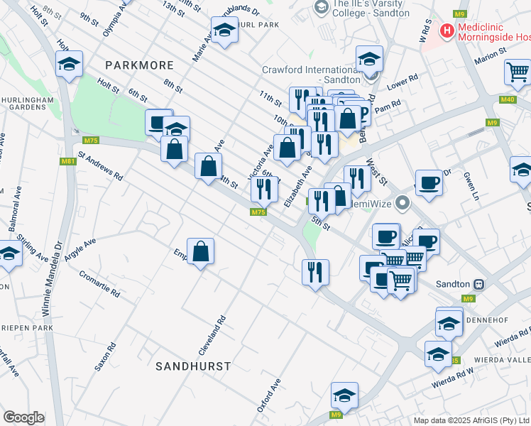 map of restaurants, bars, coffee shops, grocery stores, and more near Sandton Drive in Sandton