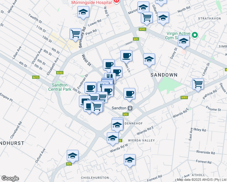 map of restaurants, bars, coffee shops, grocery stores, and more near 145 West Street in Sandton