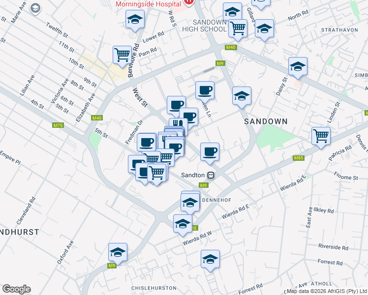 map of restaurants, bars, coffee shops, grocery stores, and more near 145 West Street in Sandton