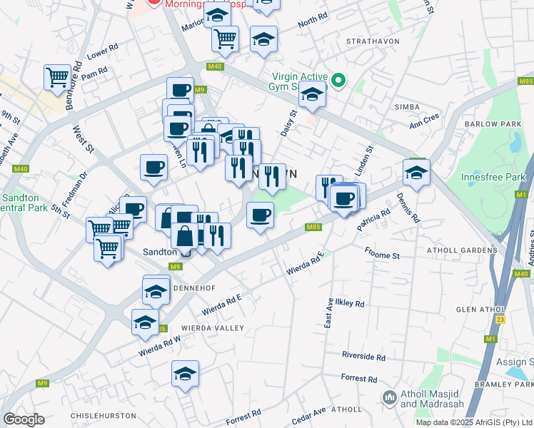 map of restaurants, bars, coffee shops, grocery stores, and more near 122 Pretoria Avenue in Sandton