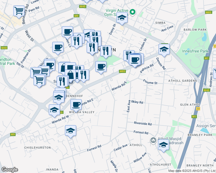 map of restaurants, bars, coffee shops, grocery stores, and more near 101 Katherine Street in Sandton