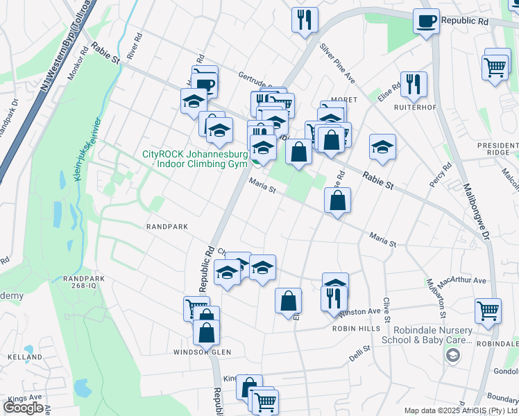map of restaurants, bars, coffee shops, grocery stores, and more near 17 Fourth Avenue South in Randburg