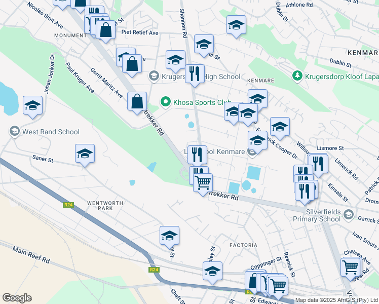 map of restaurants, bars, coffee shops, grocery stores, and more near 112 Voortrekker Road in Krugersdorp