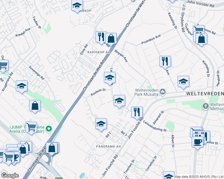 map of restaurants, bars, coffee shops, grocery stores, and more near in Roodepoort