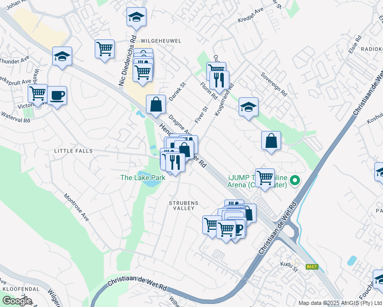 map of restaurants, bars, coffee shops, grocery stores, and more near in Roodepoort