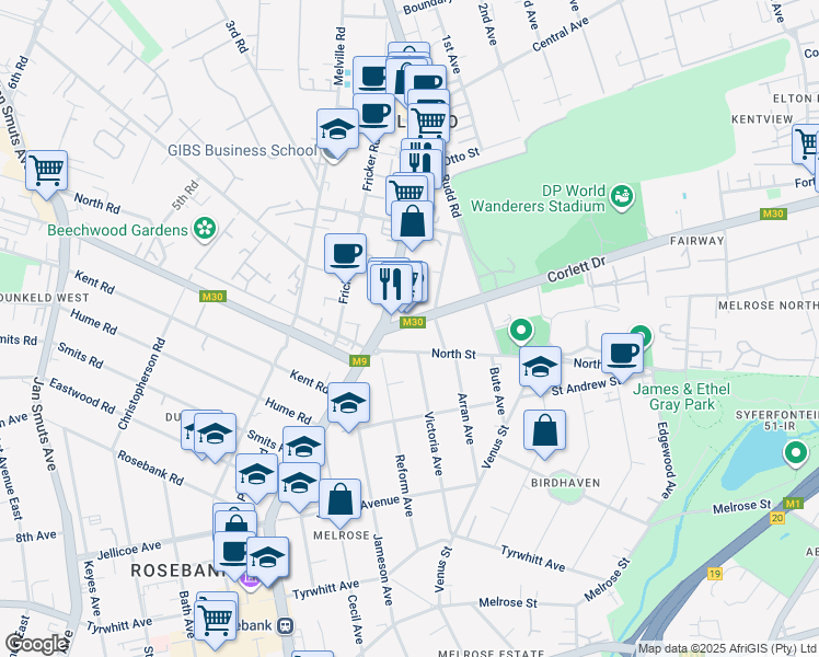 map of restaurants, bars, coffee shops, grocery stores, and more near 6 Corlett Drive in Sandton