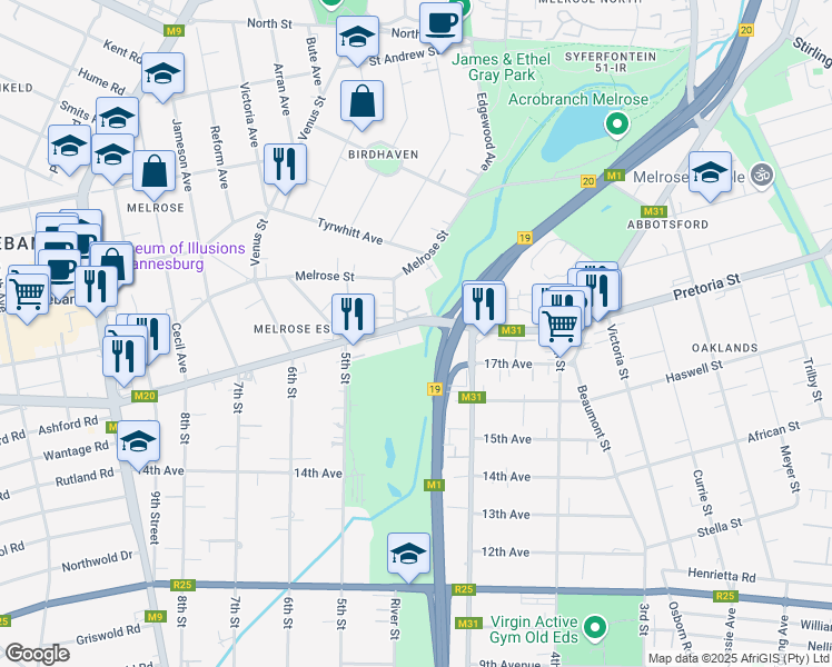 map of restaurants, bars, coffee shops, grocery stores, and more near 60 Glenhove Road in Johannesburg