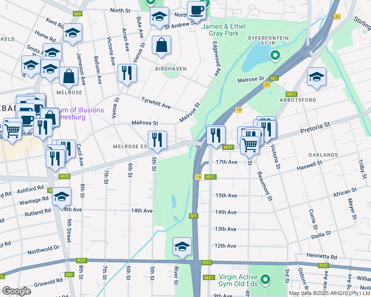 map of restaurants, bars, coffee shops, grocery stores, and more near 60 Glenhove Road in Johannesburg
