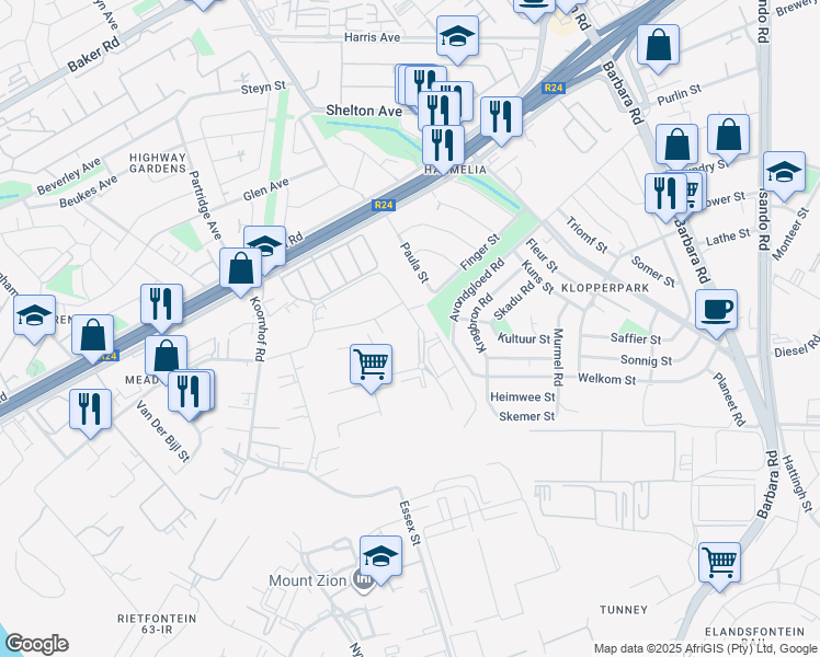 map of restaurants, bars, coffee shops, grocery stores, and more near 82 Bell Street in Germiston