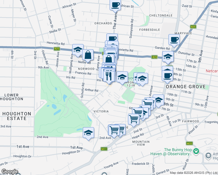 map of restaurants, bars, coffee shops, grocery stores, and more near 36 Grant Avenue in Johannesburg