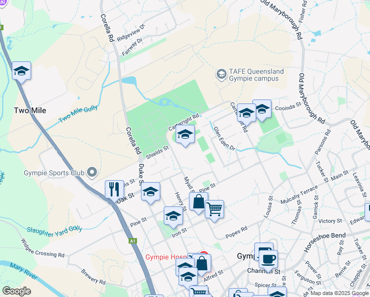 map of restaurants, bars, coffee shops, grocery stores, and more near 109 Myall Street in Gympie