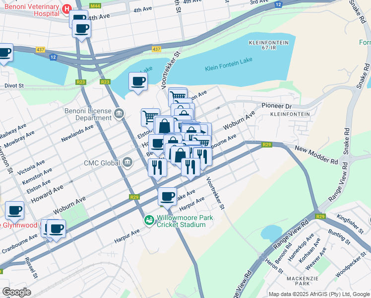 map of restaurants, bars, coffee shops, grocery stores, and more near 53 Woburn Avenue in Benoni