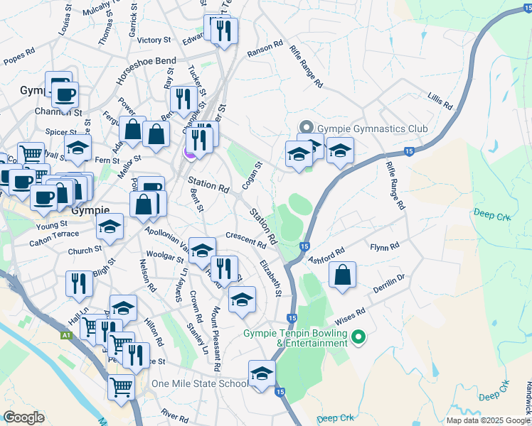 map of restaurants, bars, coffee shops, grocery stores, and more near 48 Station Road in Gympie