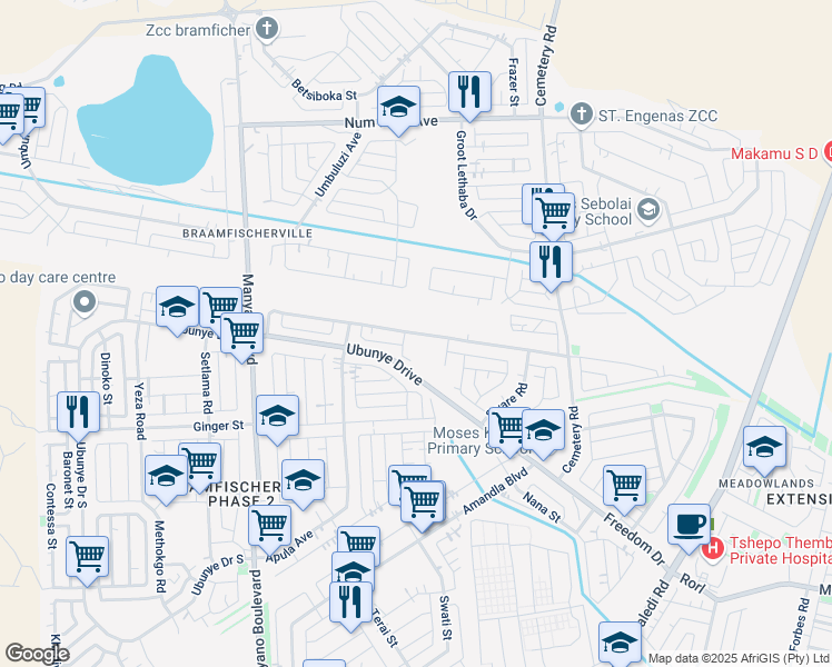 map of restaurants, bars, coffee shops, grocery stores, and more near in Soweto