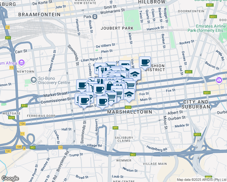 map of restaurants, bars, coffee shops, grocery stores, and more near 62 Eloff Street in Johannesburg