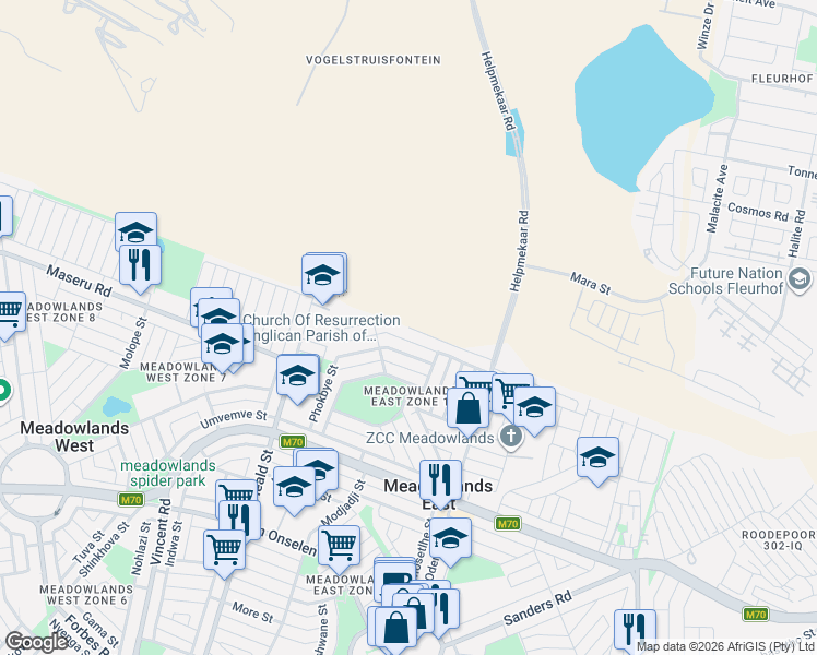 map of restaurants, bars, coffee shops, grocery stores, and more near Leeba Street in Meadowlands East
