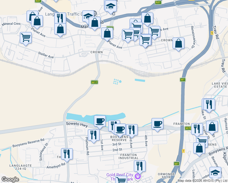 map of restaurants, bars, coffee shops, grocery stores, and more near in Johannesburg