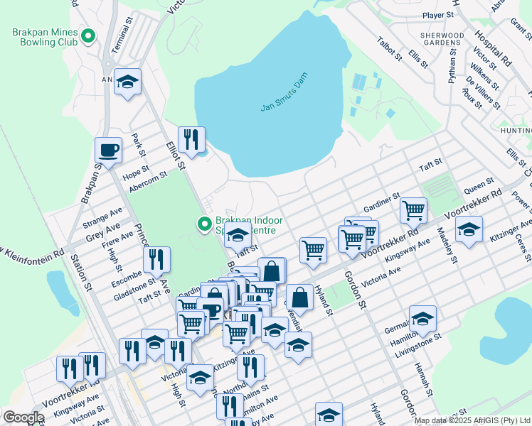 map of restaurants, bars, coffee shops, grocery stores, and more near Escombe Street in Brakpan