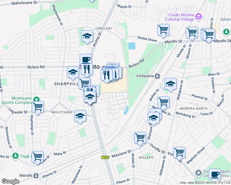 map of restaurants, bars, coffee shops, grocery stores, and more near in Soweto