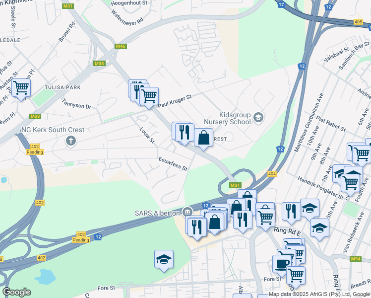 map of restaurants, bars, coffee shops, grocery stores, and more near 36 Voortrekker Road in Alberton