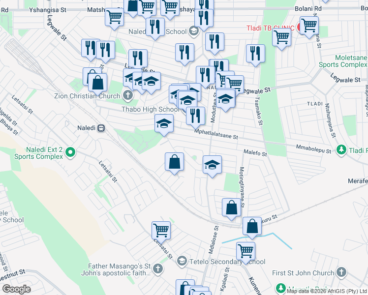 map of restaurants, bars, coffee shops, grocery stores, and more near Motingtinyane Street in Soweto