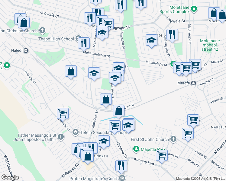 map of restaurants, bars, coffee shops, grocery stores, and more near Motingtinyane Street in Soweto