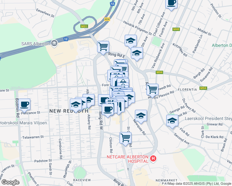 map of restaurants, bars, coffee shops, grocery stores, and more near 36 Voortrekker Road in Alberton