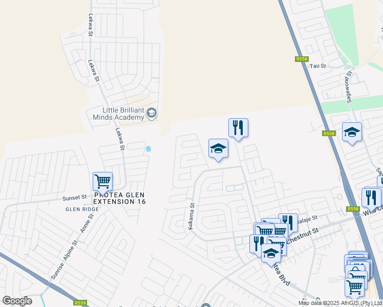 map of restaurants, bars, coffee shops, grocery stores, and more near 11 Protea Glen Extension in Soweto