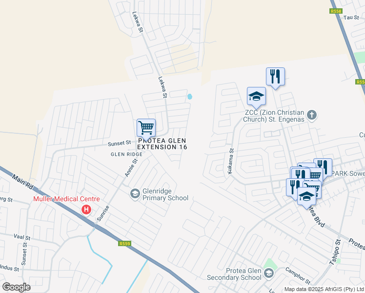 map of restaurants, bars, coffee shops, grocery stores, and more near in Soweto