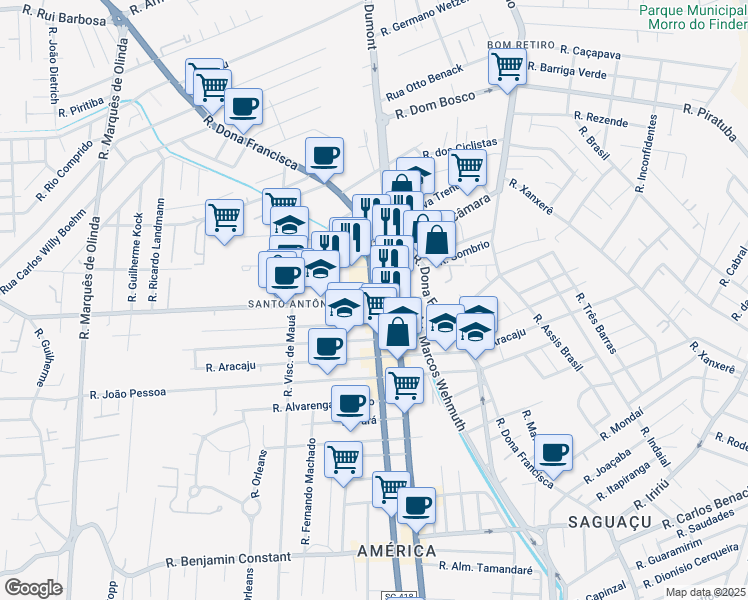 map of restaurants, bars, coffee shops, grocery stores, and more near 3000 Rua Blumenau in Joinville