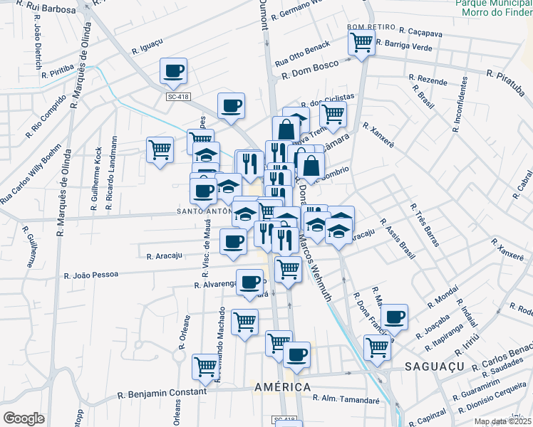 map of restaurants, bars, coffee shops, grocery stores, and more near 3000 Rua Blumenau in Joinville