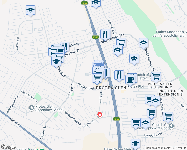 map of restaurants, bars, coffee shops, grocery stores, and more near in Soweto