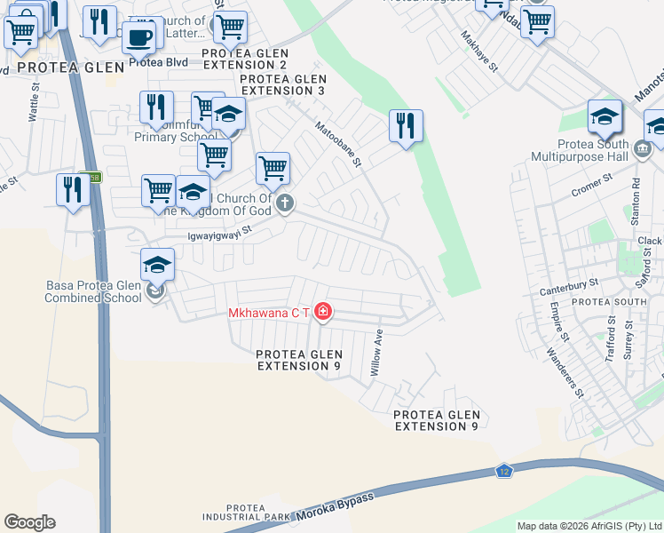 map of restaurants, bars, coffee shops, grocery stores, and more near 8 Protea Glen Extension in Soweto