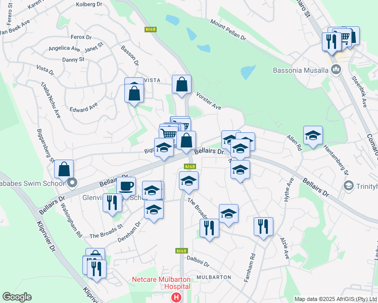 map of restaurants, bars, coffee shops, grocery stores, and more near in Johannesburg South