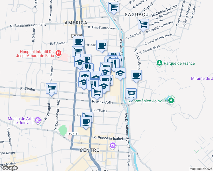 map of restaurants, bars, coffee shops, grocery stores, and more near 538 Rua Orestes Guimarães in Joinville