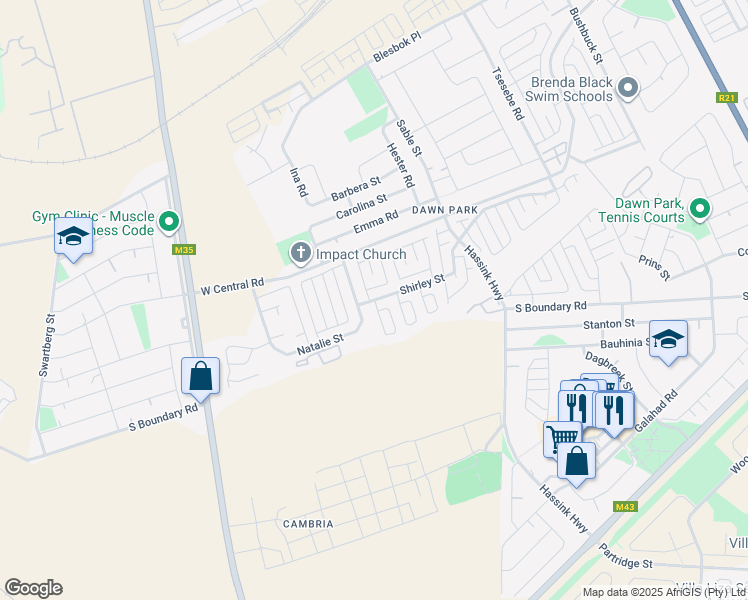 map of restaurants, bars, coffee shops, grocery stores, and more near 84 Shirley Street in Boksburg