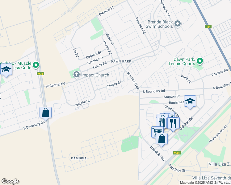 map of restaurants, bars, coffee shops, grocery stores, and more near 84 Shirley Street in Boksburg