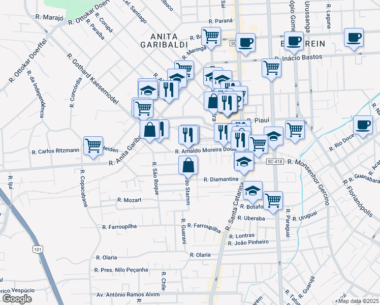 map of restaurants, bars, coffee shops, grocery stores, and more near 445 Rua Arnaldo Moreira Douat in Joinville