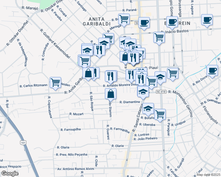 map of restaurants, bars, coffee shops, grocery stores, and more near 445 Rua Arnaldo Moreira Douat in Joinville