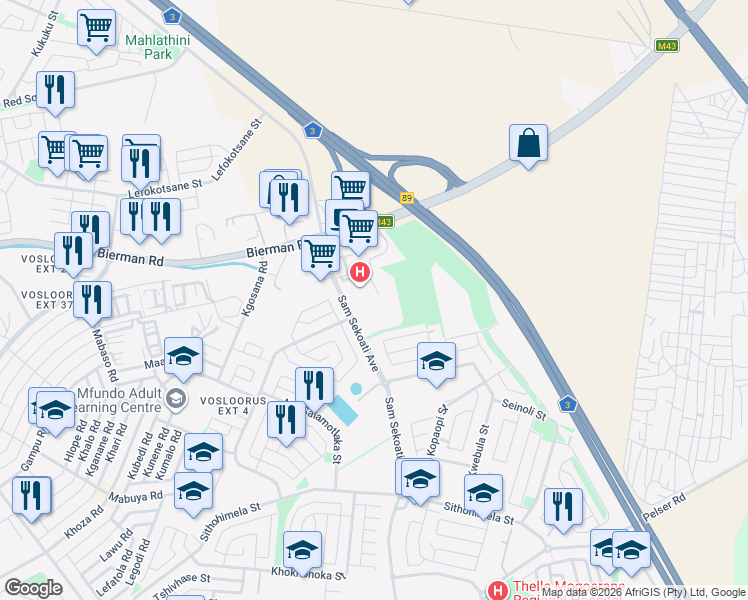 map of restaurants, bars, coffee shops, grocery stores, and more near 18382 Sam Sekoati Avenue in Vosloorus