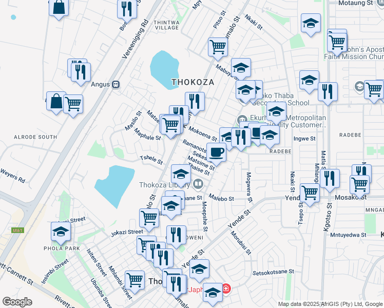 map of restaurants, bars, coffee shops, grocery stores, and more near 7080 Sekesi Street in Thokoza