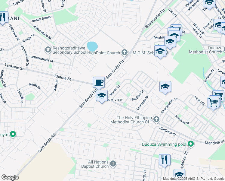 map of restaurants, bars, coffee shops, grocery stores, and more near 1212 Jasmine Street in Brakpan
