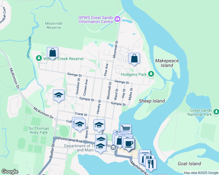 map of restaurants, bars, coffee shops, grocery stores, and more near Moorindil Street in Tewantin